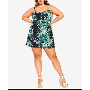 City Chic Womens Sz S/16 Phi Phi Fun Romper Ruffle Black Tropical Beach